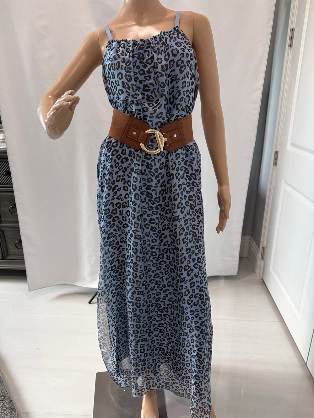 Gigi Moda Maxi Midi Dress Blue Leopard Print One-size